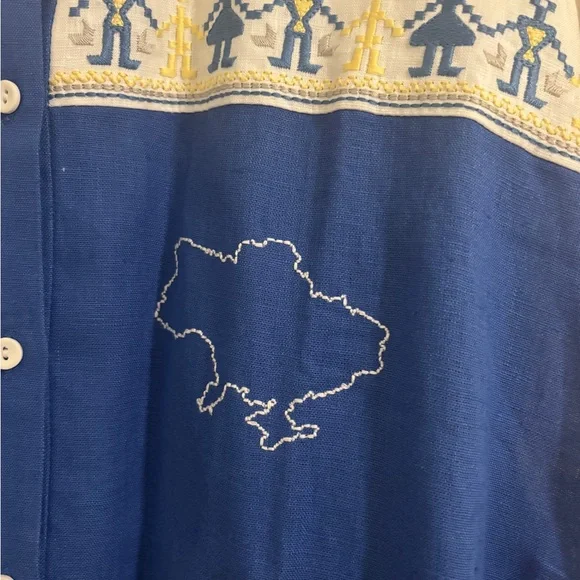 Ukrainian Blue and White Embroidered Unisex Oversized Linen Shirt Vyshyvanka L - Picture 6 of 12